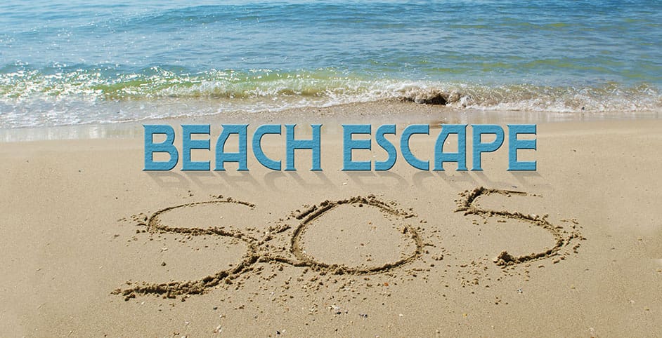 Beach escape sos teken in het zand